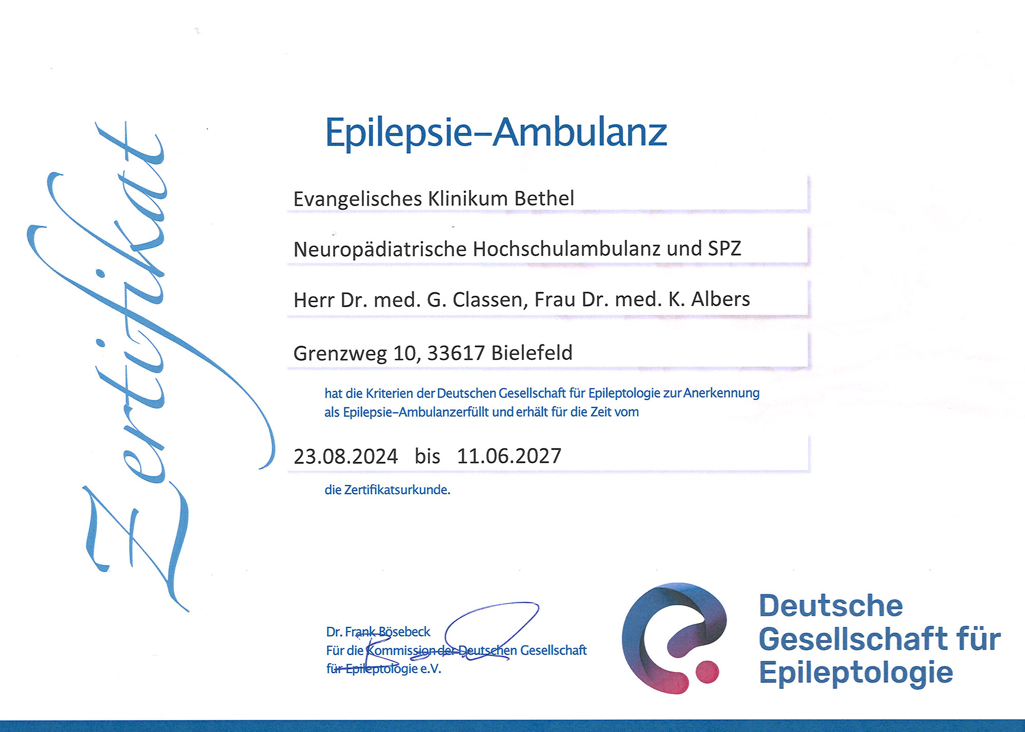 Zertifikat Epilepsie-Ambulanz der Deutschen Gesellschaft für Epileptologie e.V.